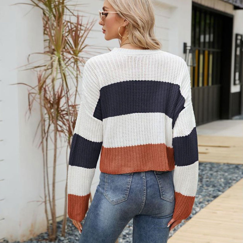 Comfy Oversized Brioche Open Knit Cropped Striped Sweater
