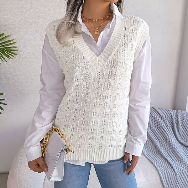 Comfy Solid Color V Neck Chevron Stitching Pointelle Knit Sweater Vest