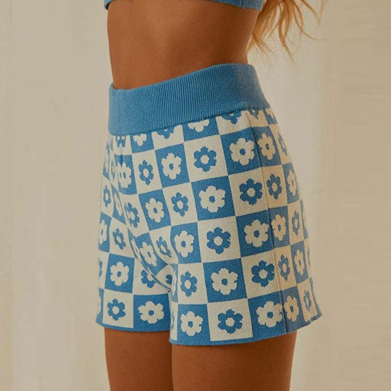 Contrast Blue and White Checkerboard Floral Print High Waist Fitted Knit Shorts