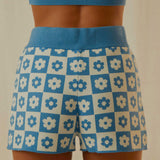 Contrast Blue and White Checkerboard Floral Print High Waist Fitted Knit Shorts