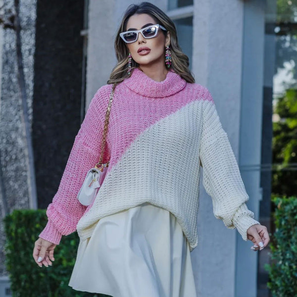 Contrast Pink Chunky Brioche Rib Knit Drop Shoulder Pullover Turtleneck Sweater