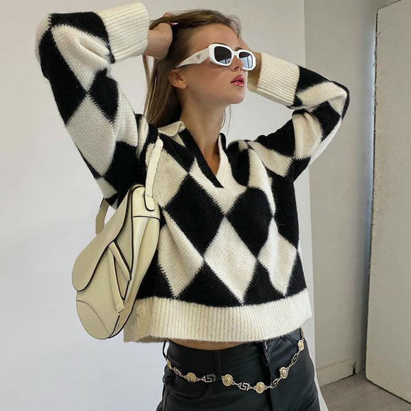 Contrast Black Collared V Neck Wool Blend Harlequin Argyle Jacquard Knit Sweater