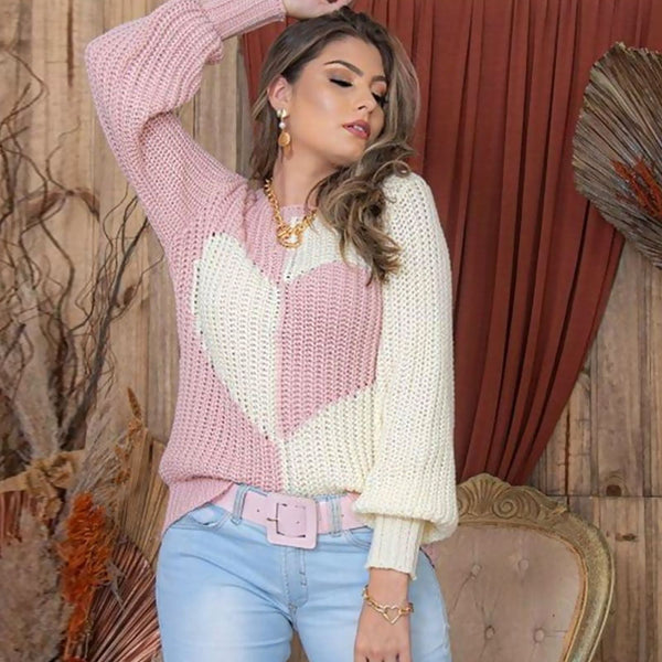 Contrast Pink Color Block Heart Motif Crew Neck Chunky Rib Knit Sweater