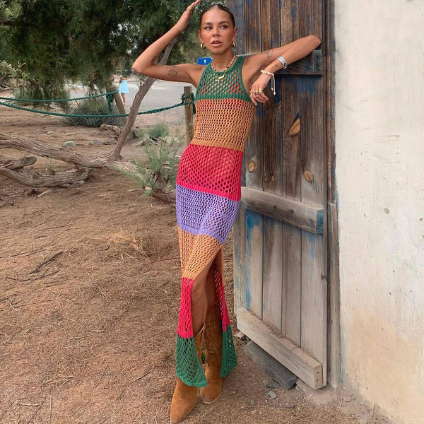 Contrast Color Block Side Slit Sleeveless Multicolor Crochet Knit Maxi Dress