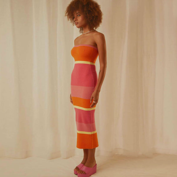 Contrast Color Block Orange Striped Print Strapless Midi Bodycon Knit Dress