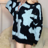 Contrast Blue Cow Print Crew Neck Eyelash Knit Oversized Sweater
