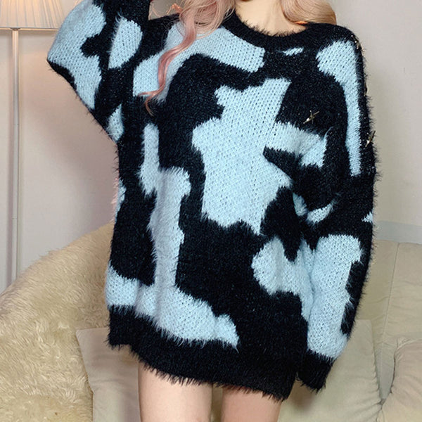 Contrast Blue Cow Print Crew Neck Eyelash Knit Oversized Sweater