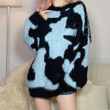 Contrast Blue Cow Print Crew Neck Eyelash Knit Oversized Sweater