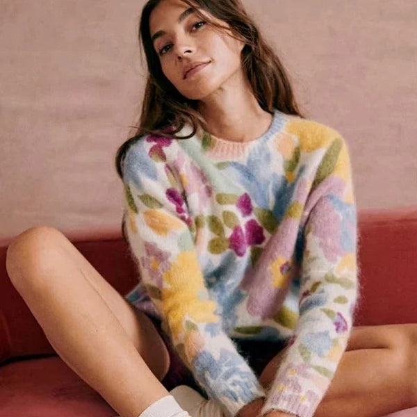 Contrast Multicolor Floral Print Crew Neck Drop Shoulder Wool Blend Sweater