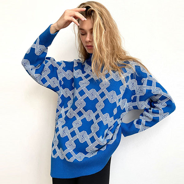 Contrast Geometric Print Drop Shoulder High Neck Oversized Pullover Sweater
