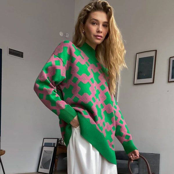 Contrast Geometric Print Drop Shoulder High Neck Oversized Pullover Sweater