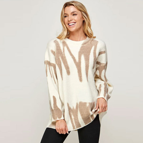 Contrast Khaki Graphic Pattern Long Sleeve Oversized Knit Sweater