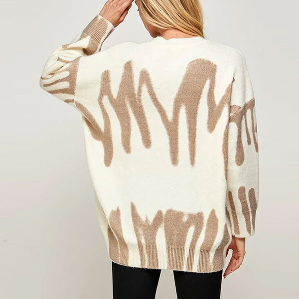 Contrast Khaki Graphic Pattern Long Sleeve Oversized Knit Sweater