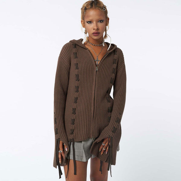 Contrast Coffee Lace Up Detail Two Way Zip Slit Cuff Hooded Rib Knit Cardigan