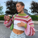 Contrast Pink Mock Neck Balloon Sleeve Striped Open Knit Sweater Shrug