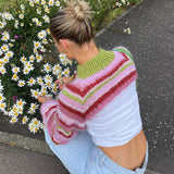 Contrast Pink Mock Neck Balloon Sleeve Striped Open Knit Sweater Shrug