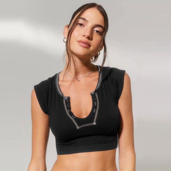 Contrast Stitching V Neck Cap Sleeve Rib Knit Cropped Top