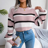 Contrast Striped Crew Neck Balloon Sleeve Cropped Sweater