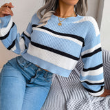 Contrast Striped Crew Neck Balloon Sleeve Cropped Sweater