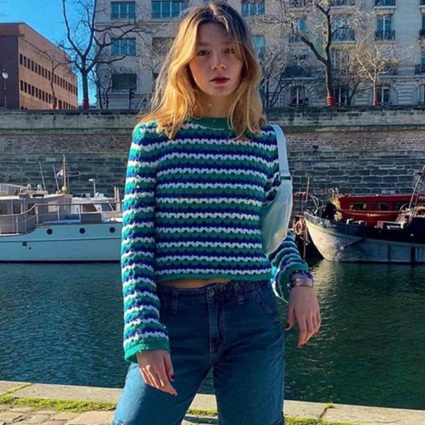 Multicolor Contrast Striped Print Crew Neck Crochet Open Knit Cropped Sweater
