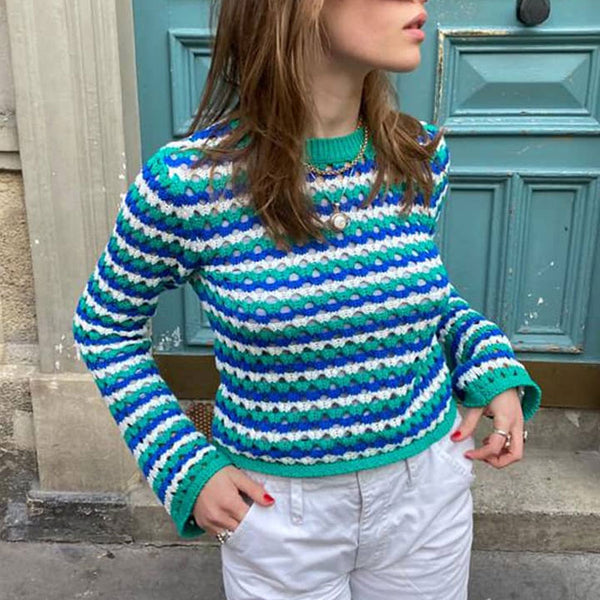 Multicolor Contrast Striped Print Crew Neck Crochet Open Knit Cropped Sweater