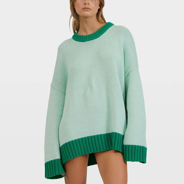 Contrast Trim Crew Neck Oversized Pullover Knit Sweater