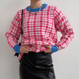 Contrast Hot Pink Trim Crew Neck Pullover Long Plaid Sweater