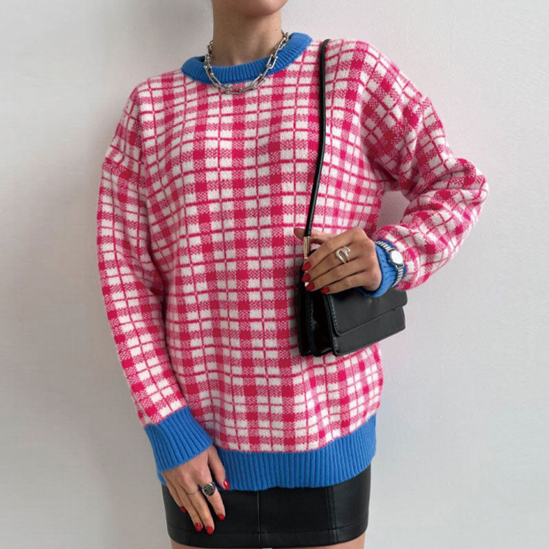 Contrast Hot Pink Trim Crew Neck Pullover Long Plaid Sweater