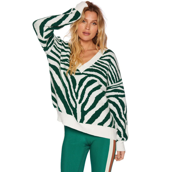 Contrast Green Zebra Pattern V Neck Oversized Pullover Sweater