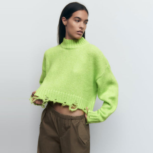 Cool Distressed Rib Trim High Neck Oversized Lime Green Cropped Sweater