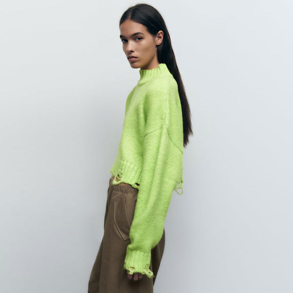 Cool Distressed Rib Trim High Neck Oversized Lime Green Cropped Sweater