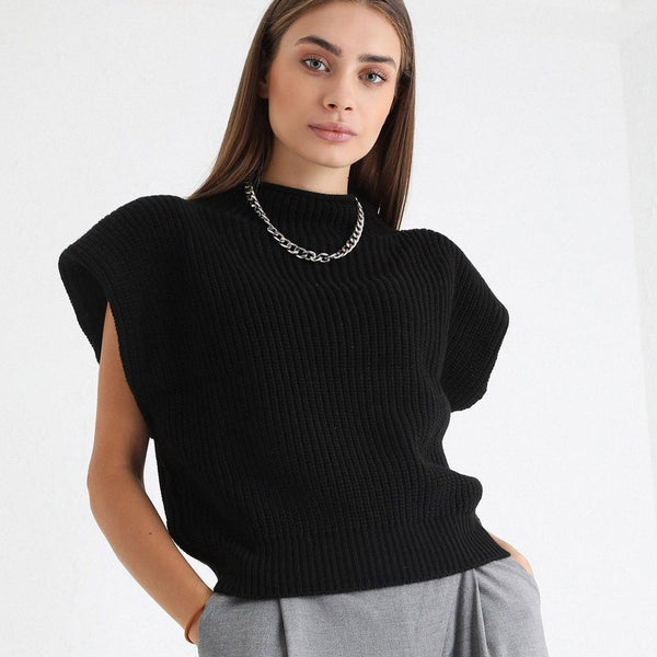 Cool Funnel Neck Shoulder Pad Brioche Knit Sweater Vest