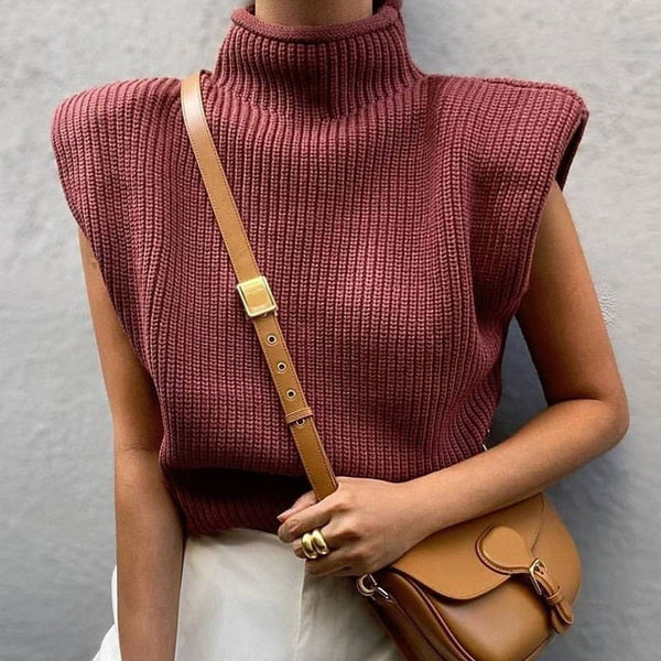 Cool Funnel Neck Shoulder Pad Brioche Knit Sweater Vest