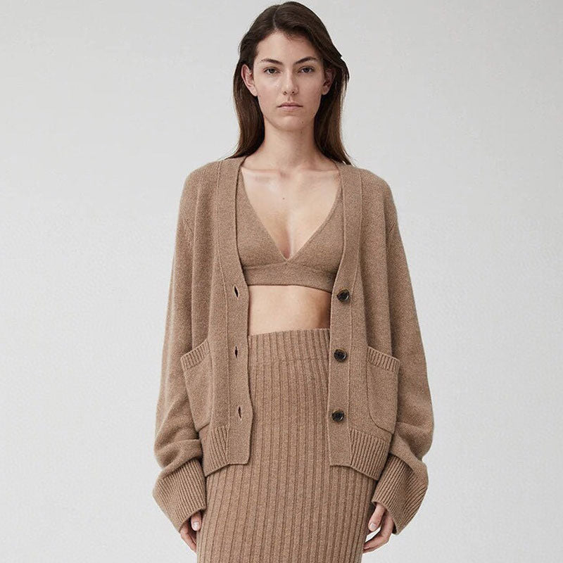 Cozy Cashmere Blend V Neck Long Sleeve Button Up Cardigan