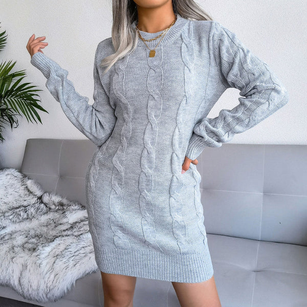 Cozy Crew Neck Long Sleeve Cable Knit Pullover Sweater Mini Dress