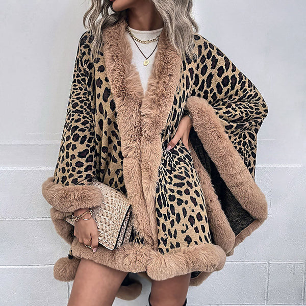 Cozy Faux Fur Open Front Khaki Leopard Jacquard Knit Shawl Cardigan