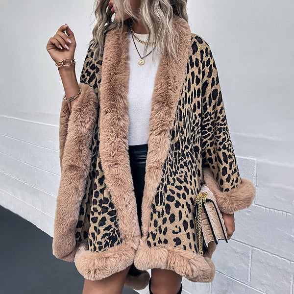 Cozy Faux Fur Open Front Khaki Leopard Jacquard Knit Shawl Cardigan