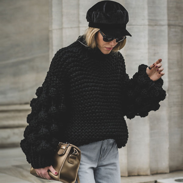 Cozy Funnel Neck Popcorn Detail Balloon Sleeve Chunky Knit Sweater