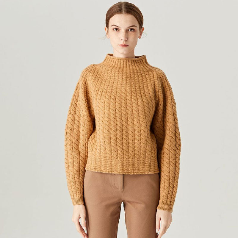 Cozy Yellow Funnel Neck Puff Sleeve Cashmere Blend Cable Knit Sweater