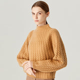 Cozy Yellow Funnel Neck Puff Sleeve Cashmere Blend Cable Knit Sweater