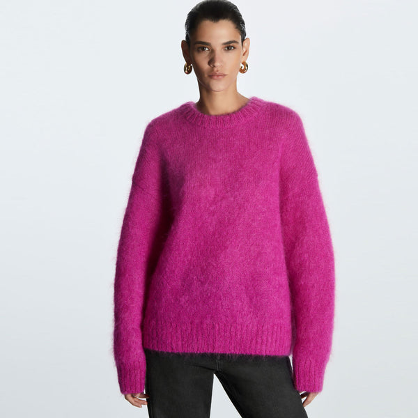 Cozy Mohair Blend Solid Color Crew Neck Drop Shoulder Oversized Sweater