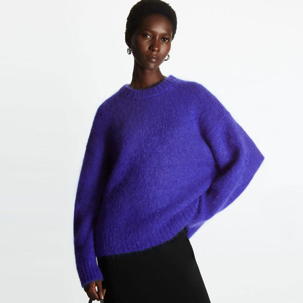 Cozy Mohair Blend Solid Color Crew Neck Drop Shoulder Oversized Sweater