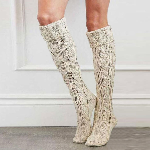 Cozy Monochrome Color Thigh High Chunky Cable Knit Socks
