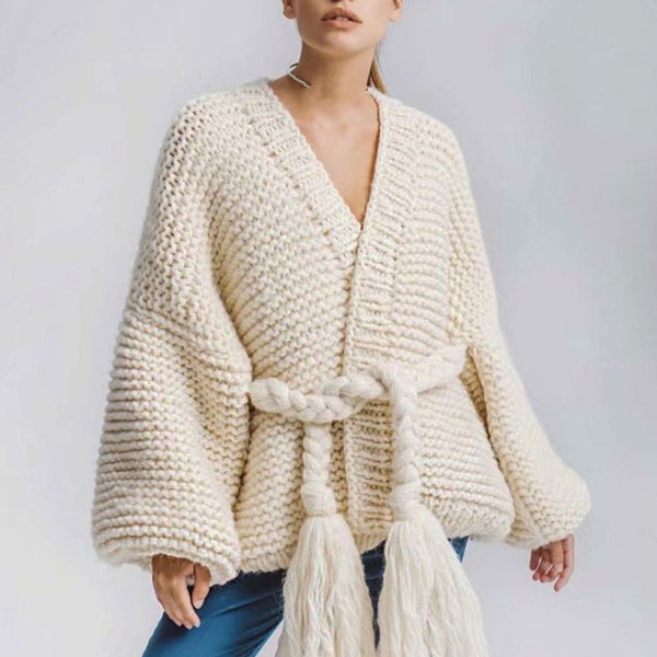 Cozy Puff Sleeve Woven Belted Hand Knit Chunky Yarn Crochet Cardigan