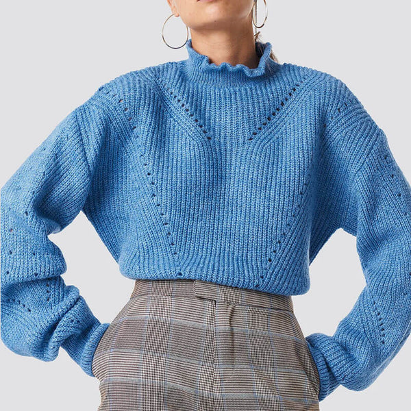 Cozy Blue Ruffle Trim High Neck Long Sleeve Pointelle Knit Sweater