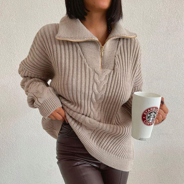 Cozy Spread Collar Half Zip Pullover Cable Khaki Rib Knit Sweater