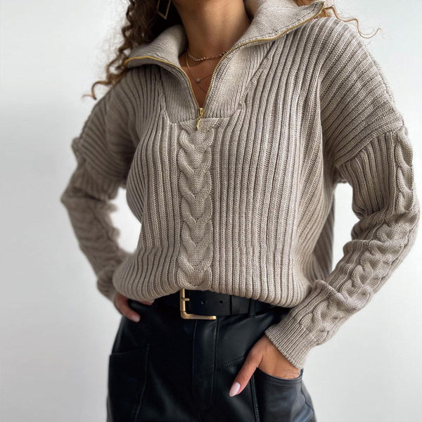 Cozy Spread Collar Half Zip Pullover Cable Khaki Rib Knit Sweater