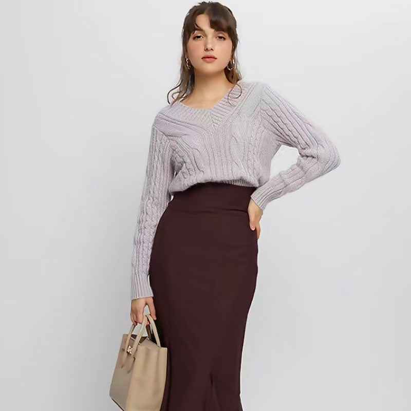 Cozy V Neck Long Sleeve Cable Rib Knit Pullover Sweater
