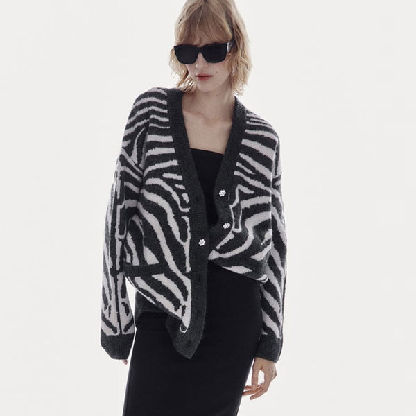 Crystal Floral Detail Button Up V Neck Black and White Zebra Jacquard Knit Cardigan