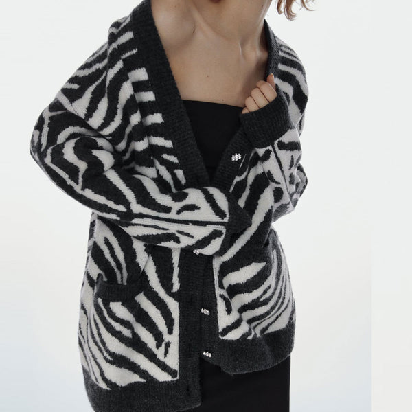 Crystal Floral Detail Button Up V Neck Black and White Zebra Jacquard Knit Cardigan